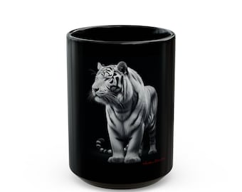 White Tiger Mug: Glossy Black Ceramic Coffee Cup