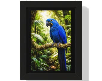 Póster enmarcado de loro guacamayo azul / Arte mural de aves de la selva tropical