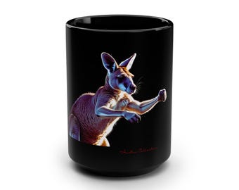 Kangaroo Jump Black Mug: Vibrant Art Coffee Cup, Animal Lover Gift