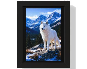 Póster vertical enmarcado de lobo ártico / Paisaje de montaña, fauna invernal
