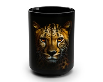 Cheetah Coffee Mug: 15oz Black Ceramic, Safari Cat Lover Gift