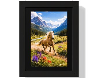 Póster vertical enmarcado de caballo corriendo / Paisaje de prado de montaña