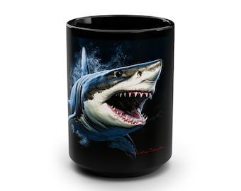 Cup Great White Shark Black Mug 15oz Gift Him Deep Sea Fishing