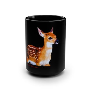Cup Mug Fawn Deer Coffee Cup Ceramic Black Mug, 15oz Gift for Her Him