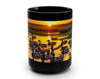 Sunrise Duck Scene Black Coffee Mug, Nature Lovers Gift