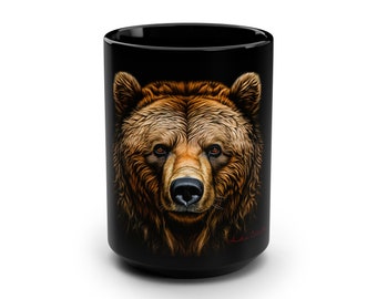 A Mug Coffee Cup Bear Grizzly Coffee Cup Black Mug, 15oz Tea Cup Animal Wildlife Brown Bear Kodiak Black mammal wildlife animals grizzly