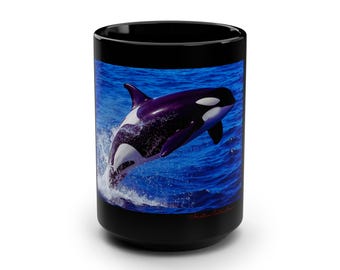 Orca Whale Black Coffee Mug, Ocean Lover Gift, 15oz