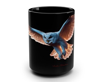 Mystical Owl Mug: Black Ceramic Coffee Cup, Gift for Nature Lovers