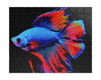 Rompecabezas de 110 piezas con diseño de pez betta neón y acuario vibrante.