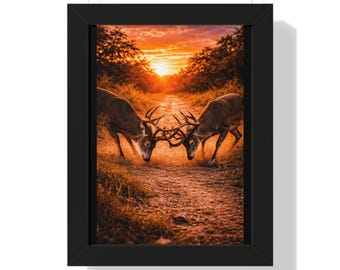Póster vertical enmarcado "Choque de astas de ciervo al atardecer" / Arte mural de vida silvestre