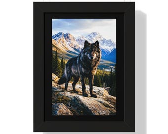 Póster vertical enmarcado con paisaje de montaña de lobo negro / Arte mural de vida silvestre