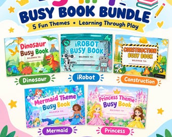 5-in-1 Busy Book Bundle | Dinosaur, iRobot, Construction, Mermaid & Princess Themes | Kids' Learning Activity Books