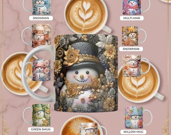 3D Snowman Mug Wrap, Christmas Sublimation Design (11oz Mug)