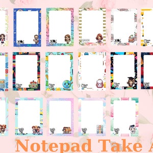 Op de afbeelding: Een verzameling notitieblokken met diverse decoratieve randen. Elk notitieblok heeft een wit interieur en een uniek randontwerp met schoolthema-illustraties en -personages. De zin "Notepad Take ALL!" wordt onderaan weergegeven.