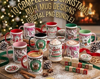 3D Christmas Mug Wrap Bundle, Inflated Holiday Designs (Digital PNG)