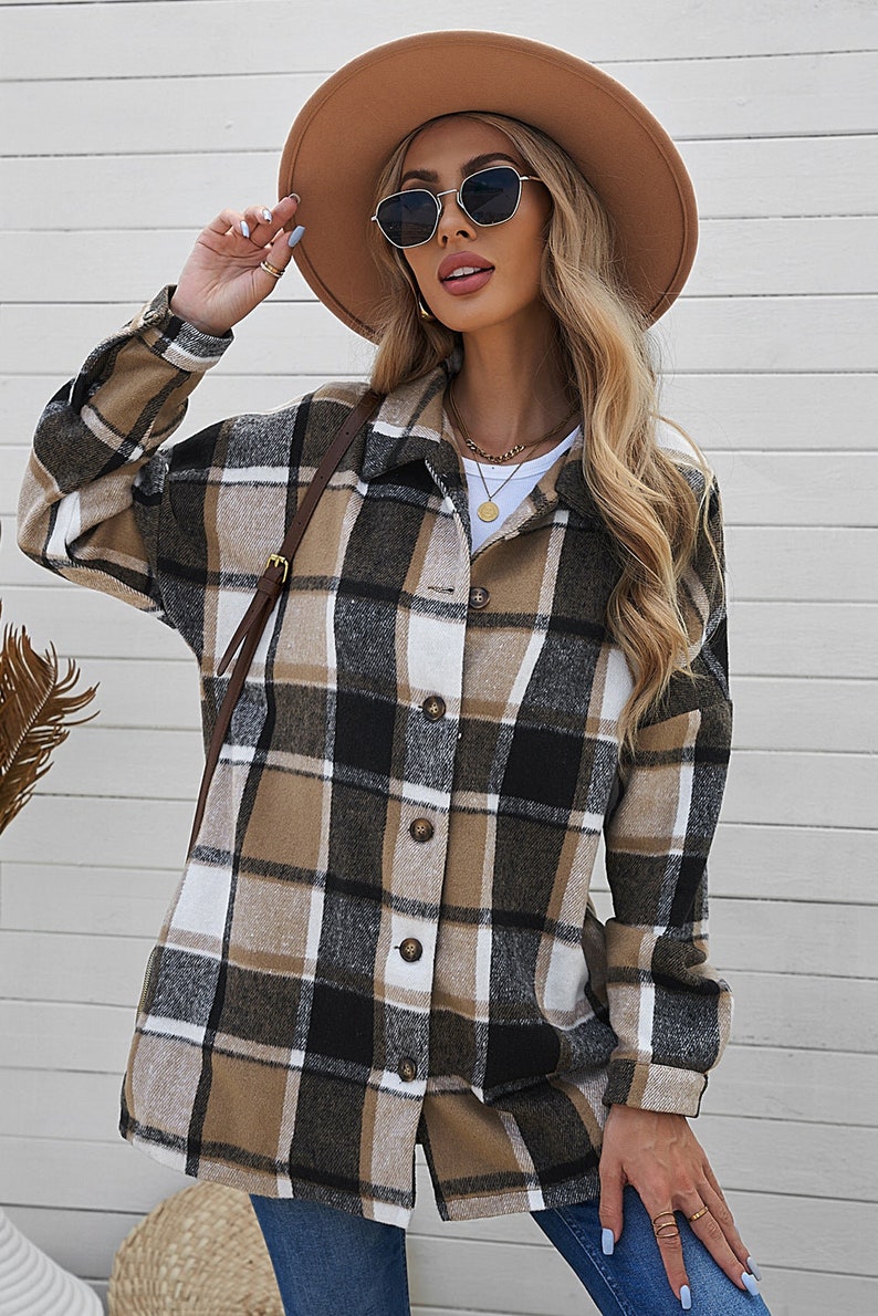 Double Take Contrast Long Sleeve Hooded Plaid Jacket