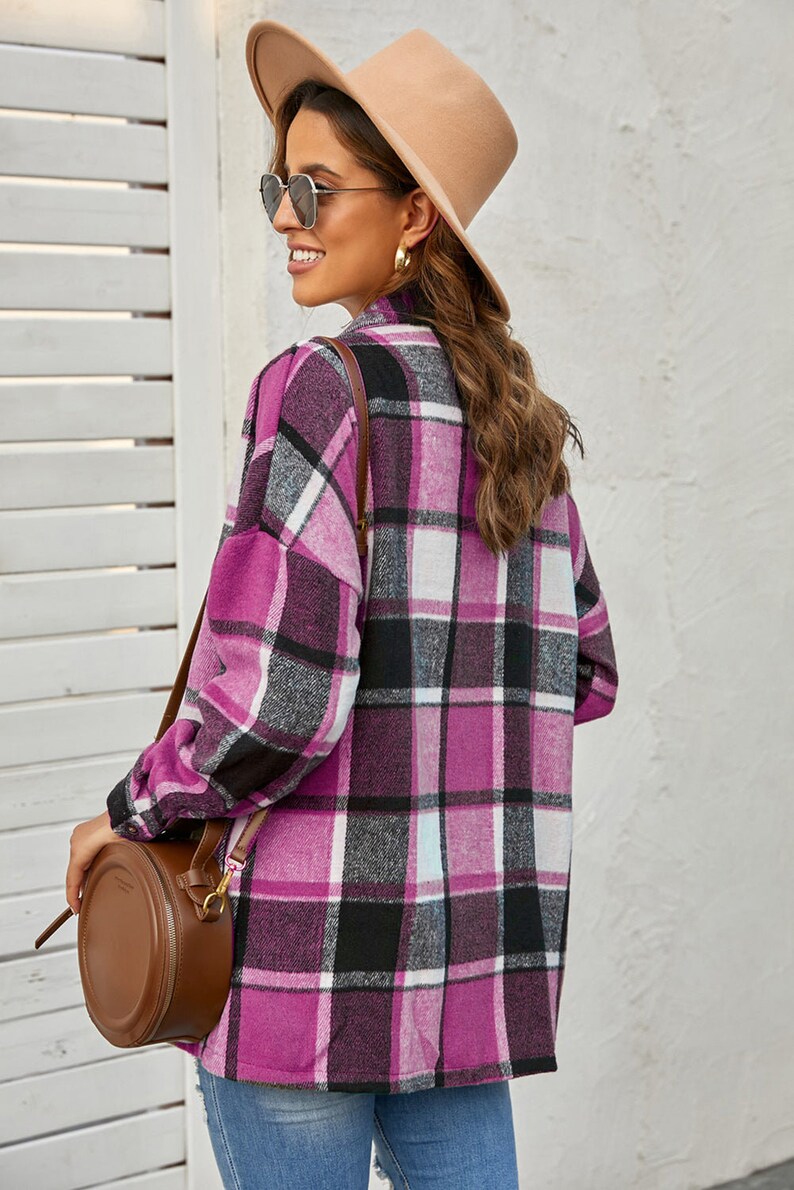Double Take Plaid Collared Dropped Shoulder Jacket
