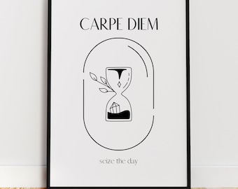 May include: Black and white printable wall art with the text "CARPE DIEM" and the phrase "seize the day" below a stylized hourglass with a diamond inside.
