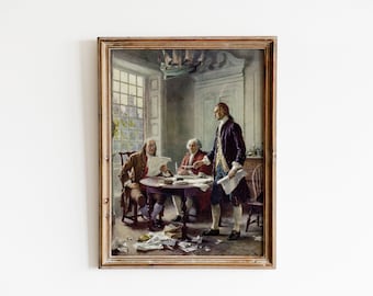 May include: A framed painting depicting three men in a room, two seated at a table with papers and one standing. The men are dressed in 18th-century clothing. The painting is set in a room with a window and a model ship hanging from the ceiling.