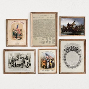 USA Patriotic Wall Art Set of 6 | 4th of July | The Declaration of Independence | Vintage Americana Art | Patriotic Americana Wall Art