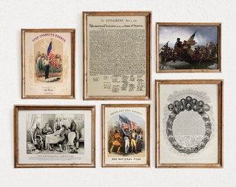 May include: A collection of six framed prints depicting historical American documents and scenes. The prints feature the Declaration of Independence, the Star-Spangled Banner, the signing of the Declaration of Independence, the American flag, and a group of people holding the American flag.