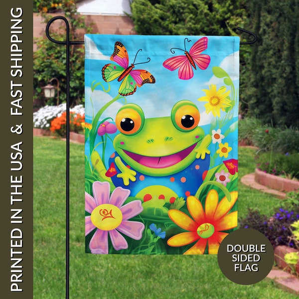 Whimsical Frog Garden Flag, Summer Garden Flag, Frog Lover Gift, Funny Garden Flag, Toad Yard Flag, Welcome to Our Pad, Welcome Yard Flag