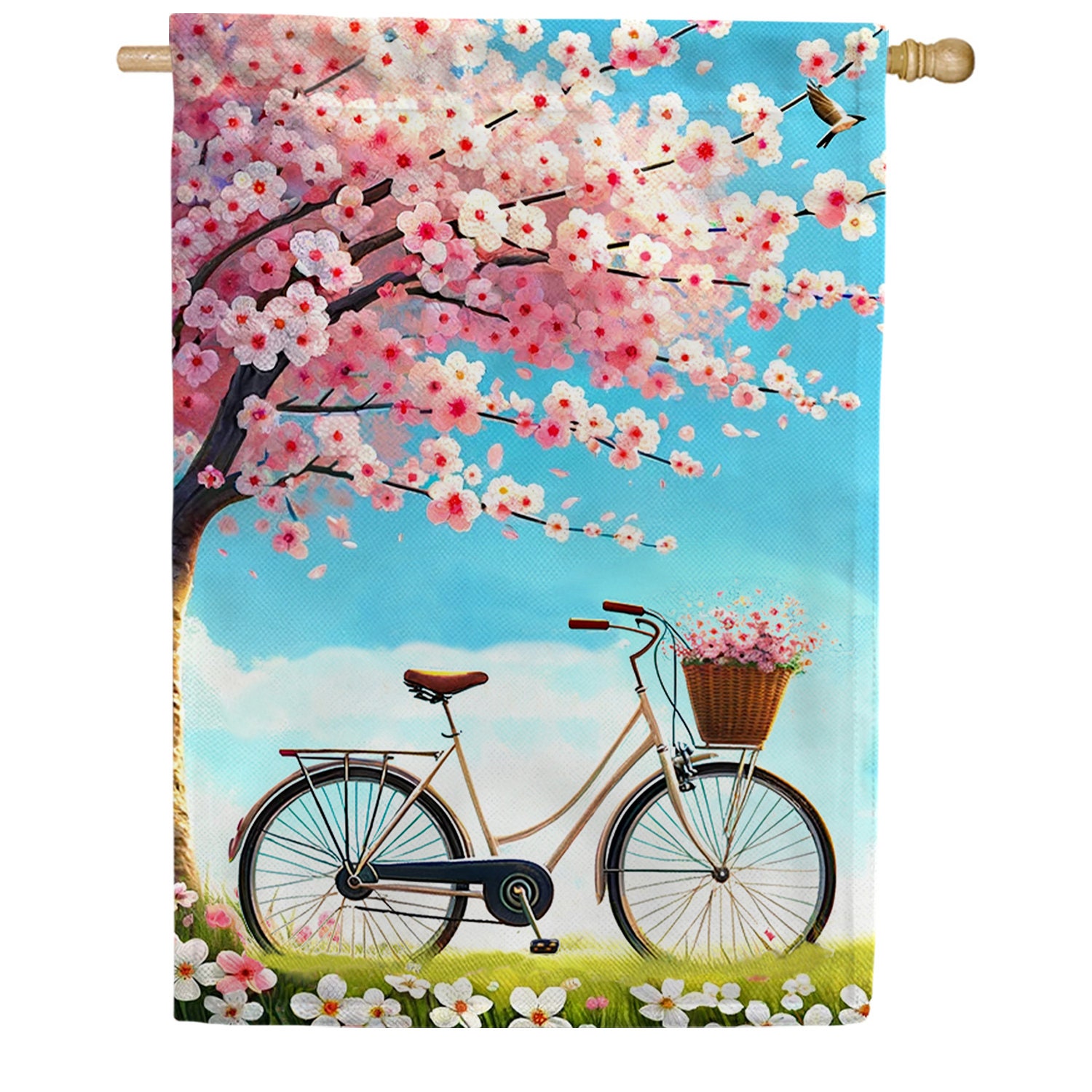 Welcome Spring Bicycle Garden Flag, Cherry Blossoms Spring Garden Flag, Hello Spring Flag, Spring Pink Floral Bike Flag, Spring Bicycle Flag