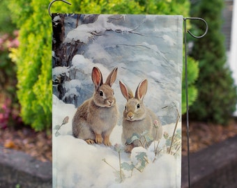 Snow Rabbits Winter Garden Flag, Winter Snow Bunny Garden Flag, Winter Flag, Winter Wildlife Flag, Winter Bunny Flag, Snow Bunny Flag