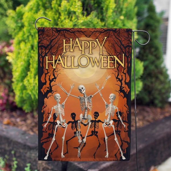 Skeleton Garden Flag, Skeleton Flag, Dancing Skeleton Flag, Happy Halloween Garden Flag, Happy Halloween Flag, Halloween Spooky Garden Decor