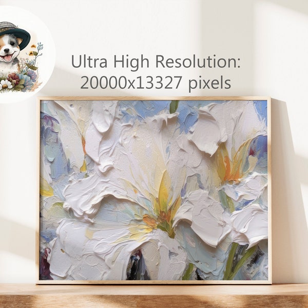 White Lilies, Floral Wall Art, Textured Wall Art, Oil Painting, Blooming Art, Impasto Painting, Palette Knife, Digital Print