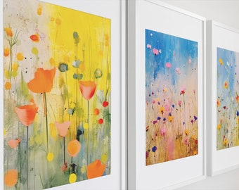 Set of 3 Prints - Fluid Flowers | Printable Wall Art | Vintage Art Print | Farmhouse Print | Cottage Art Print