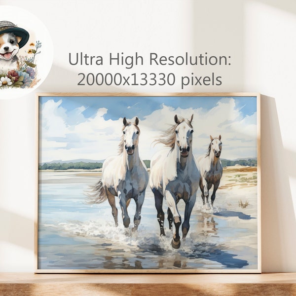 Aqueous Gallop - Digital Download Large Wall Art Horses Running on Beach Horse Watercolor Western Art Horse Print