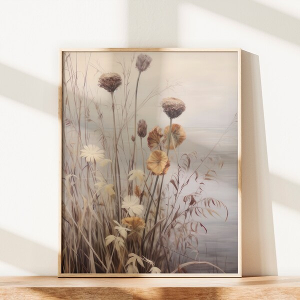 Earthly Tones: Gray & Brown Landscapes, Printable Wildflower Field Landscape, Muted Tonal Print, Cottage Art Print, Field Painting