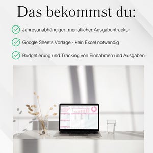 May include: A laptop displaying a financial spreadsheet sits on a white desk, next to a glass of water and a vase of dried flowers. The text "Das bekommst du:" is at the top, followed by bullet points describing features of the spreadsheet.
