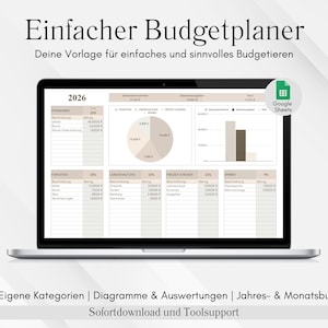 May include: A laptop displaying a budget planner template for 2026. The screen shows charts and tables with financial data. The text on the screen is in German. The Google Sheets logo is in the upper right corner. The laptop is on a white surface.