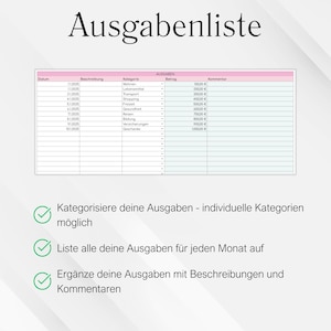 May include: A digital spreadsheet titled "Ausgabenliste" (Expense List) with a pink header. Below, a list of expenses is displayed. The image also includes three bullet points with text in German, describing the spreadsheet's features.