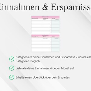 May include: A digital financial planning template with the title "Einnahmen & Ersparnisse" in black. The template includes tables for income and expenses, with the text "Gehalt" and "Sportbuch" visible. The image also features bullet points with German text.
