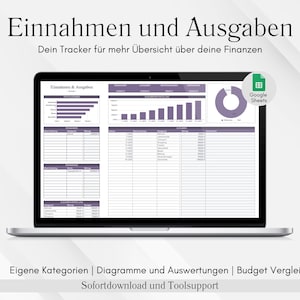 Könnte beinhalten: Ein Laptop zeigt eine Finanz-Tracking-Tabelle mit Diagrammen und Tabellen. Der Bildschirm zeigt den deutschen Text "Einnahmen und Ausgaben". Zusätzlicher Text lautet "Dein Tracker für mehr Übersicht über deine Finanzen" und "Google Sheets".