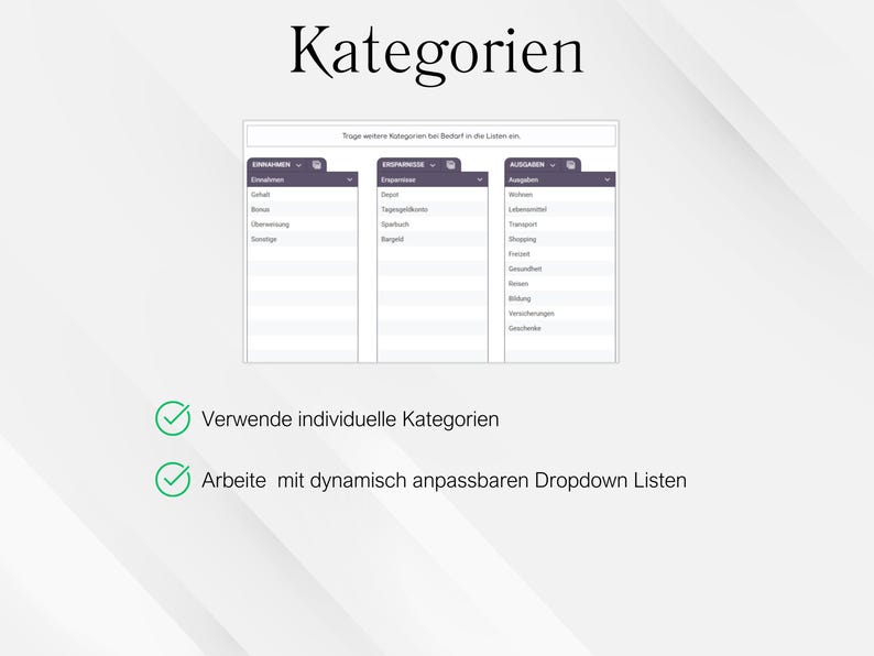 May include: A screenshot of a digital interface with the German word "Kategorien" at the top. The interface displays three columns with various categories, including "Einnahmen," "Ersparnisse," and "Ausgaben." Two green checkmarks with text are at the bottom.