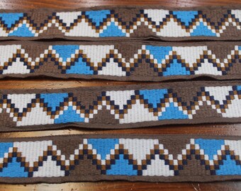 Embroidered trim on brown ground with Turquoise/brown/ivory/navy embroidery