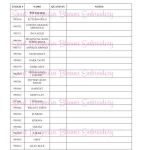 May include: A thread tracker chart titled "Floriani Thread Tracker" by Sweet Magnolia Blooms Embroidery. The chart lists color numbers, names, and quantity fields. The top of the chart includes the text "Sweet Magnolia Blooms Embroidery © 2024".