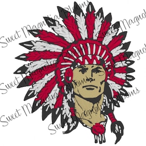 May include: A red, white, and black embroidered image of a Native American man wearing a headdress with feathers. The man has a serious expression on his face.
