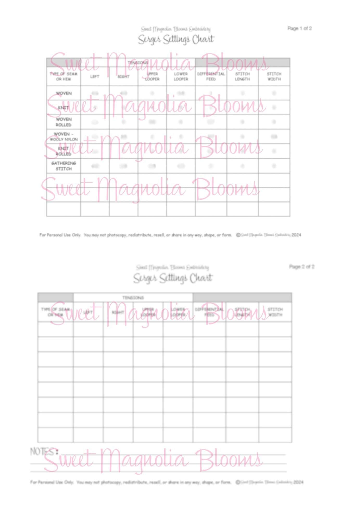 Serger Settings Chart - 2 Page PDF Printable Chart Digital Download