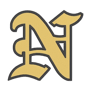 May include: A gold embroidered letter N with a black outline. The letter is in a stylized, gothic font.