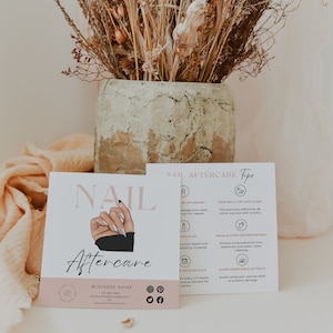 Bearbeitbare Nagel-Visitenkarte, Nachsorgekarten, Ratschläge zur Nagelnachsorge, bearbeitbare Canva-Vorlage mit SVG-Symbolen, bearbeitbare Nagelpflegeanweisungen