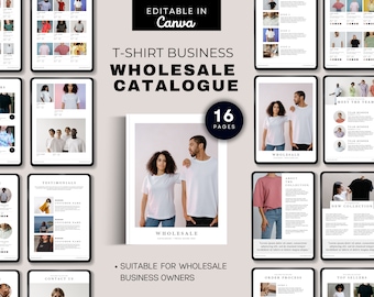 Puede incluir: Un catálogo digital para un negocio de camisetas. La portada presenta a una pareja usando camisetas blancas. El catálogo tiene 16 páginas y es adecuado para propietarios de negocios mayoristas. El texto "T-Shirt Business Wholesale Catalogue" se muestra en negrita, en color negro.