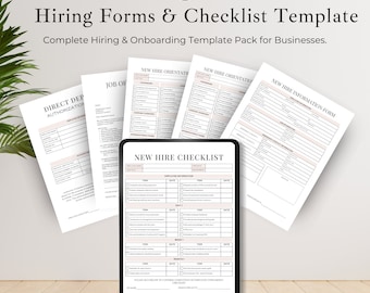 May include: A set of printable forms for new hire onboarding and orientation. The forms include a checklist, direct deposit authorization, job offer, and new hire information form. The forms are designed in a minimalist style with a light brown and white color scheme.