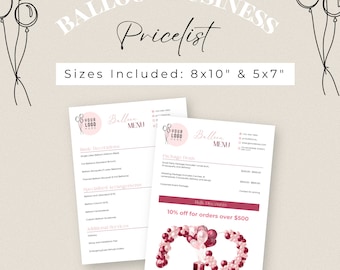 May include: A price list for a balloon business. The price list includes basic decorations, specialized arrangements, additional services, and package deals. The business offers a 10% discount for orders over $500.