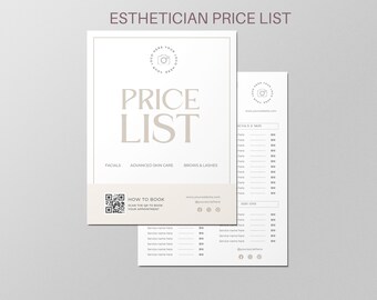 Szablon cennika Canva do edycji dla kosmetologa, kod QR do płatności, arkusz cen salonu kosmetycznego, menu przewodnika cenowego spa, ulotka na zabiegi na twarz