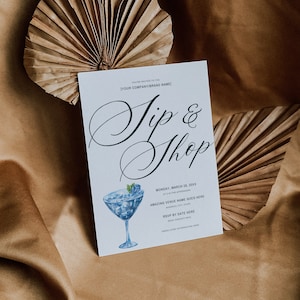 Sip and Shop-flyer | DIY-flyersjabloon | Winkel nu Flyer | Zakelijke uitnodiging | Pop-upwinkelflyer | Lanceringsfeest | Aquarelcocktail